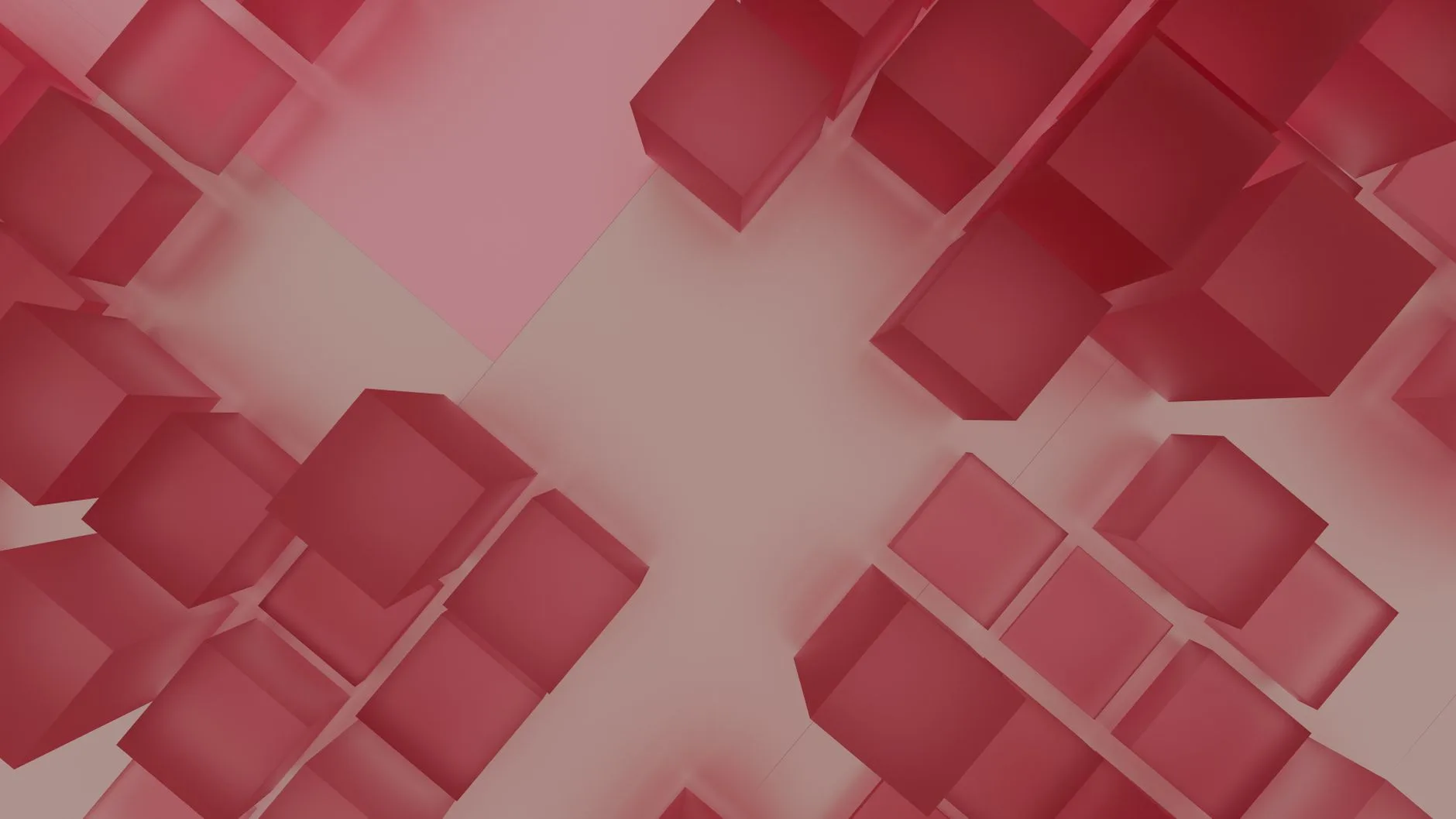 Red translucent geometric cubes in an abstract arrangement